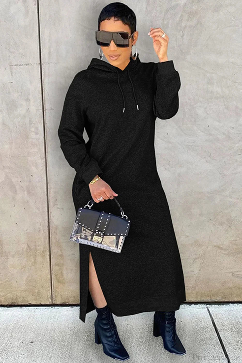 Women's long-sleeve hooded midi dress with side slit hem