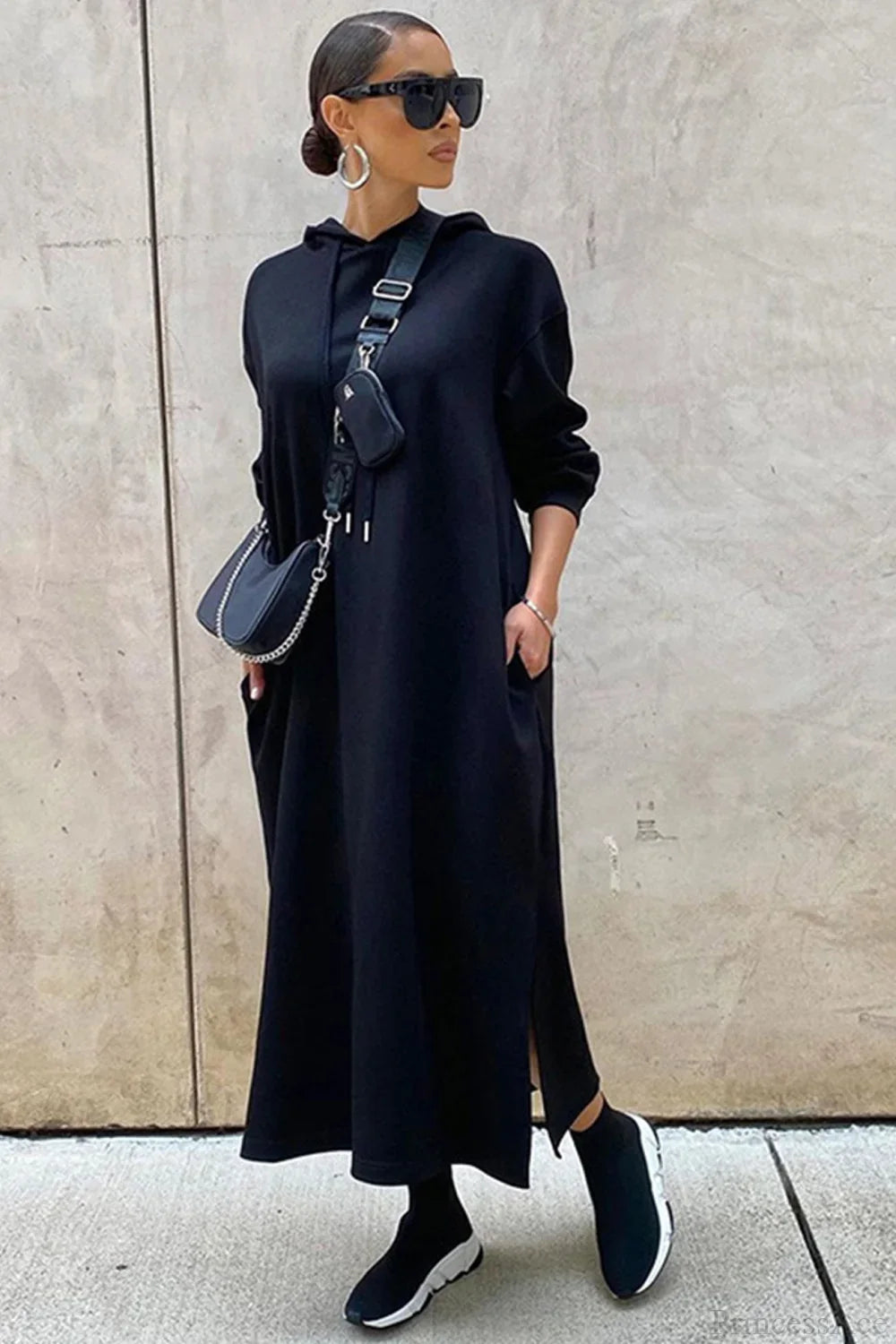 Women's long-sleeve hooded midi dress with side slit hem