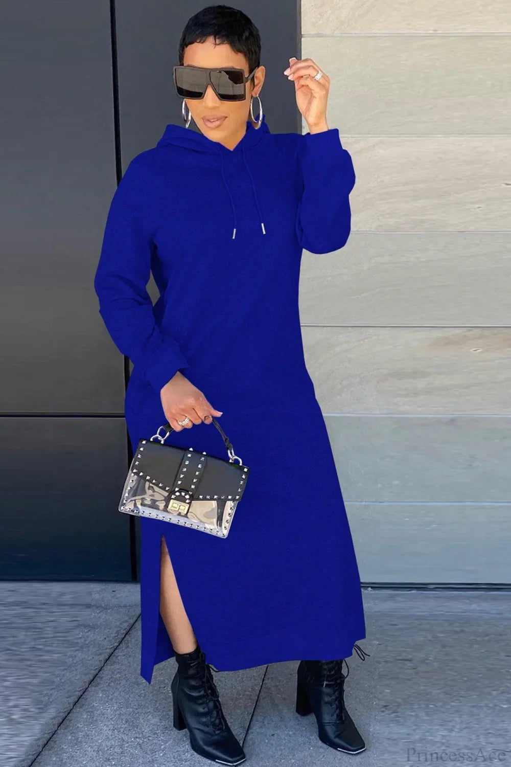 Women's long-sleeve hooded midi dress with side slit hem