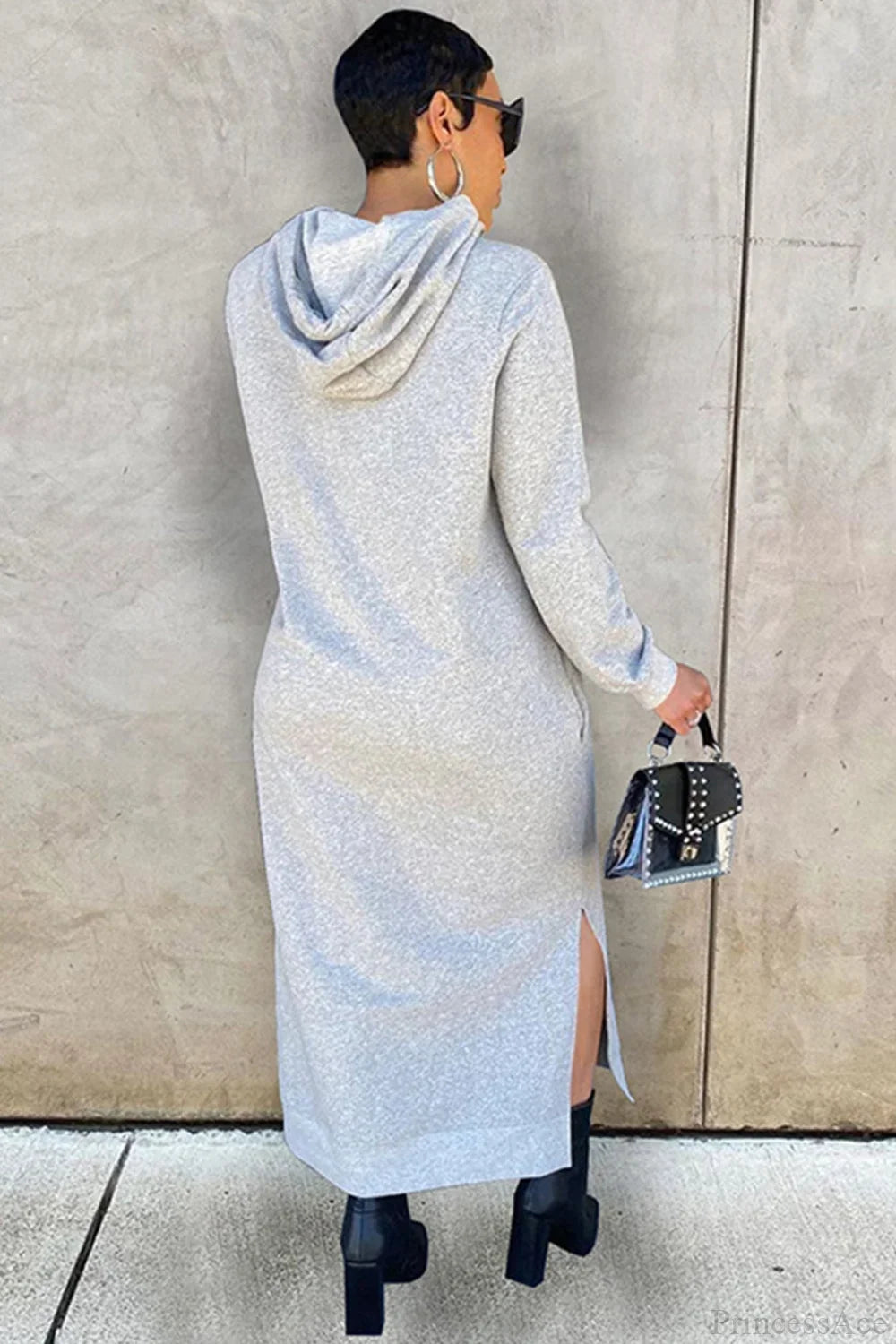 Women's long-sleeve hooded midi dress with side slit hem