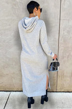 Women's long-sleeve hooded midi dress with side slit hem