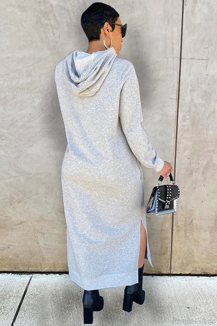 Women's long-sleeve hooded midi dress with side slit hem