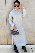 Women's long-sleeve hooded midi dress with side slit hem