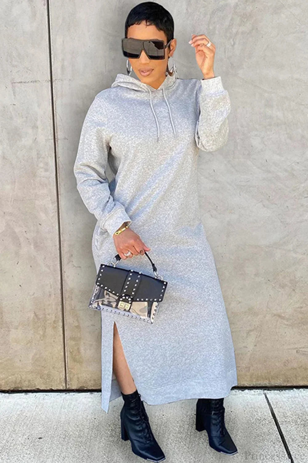 Women's long-sleeve hooded midi dress with side slit hem
