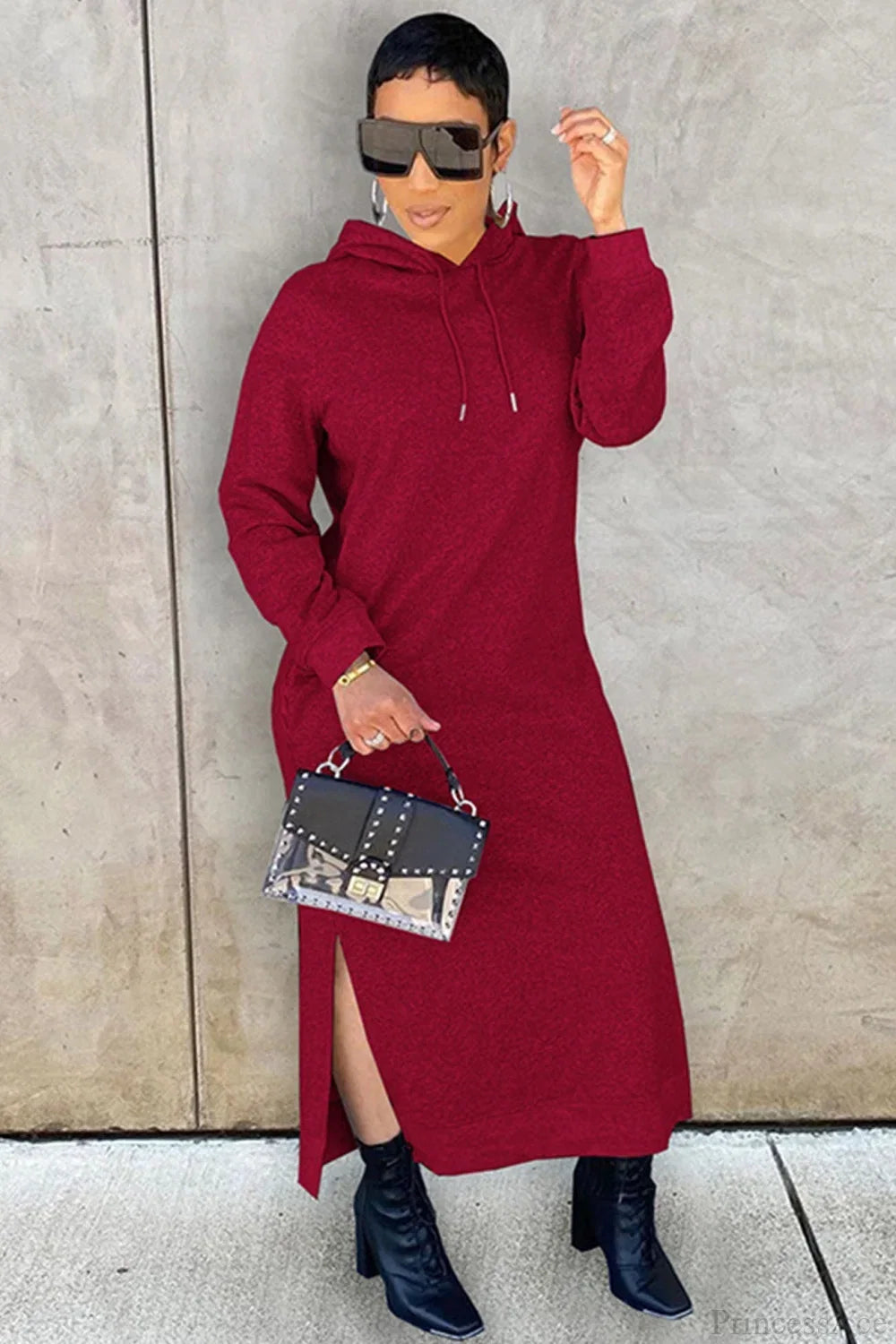 Women's long-sleeve hooded midi dress with side slit hem