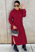 Women's long-sleeve hooded midi dress with side slit hem