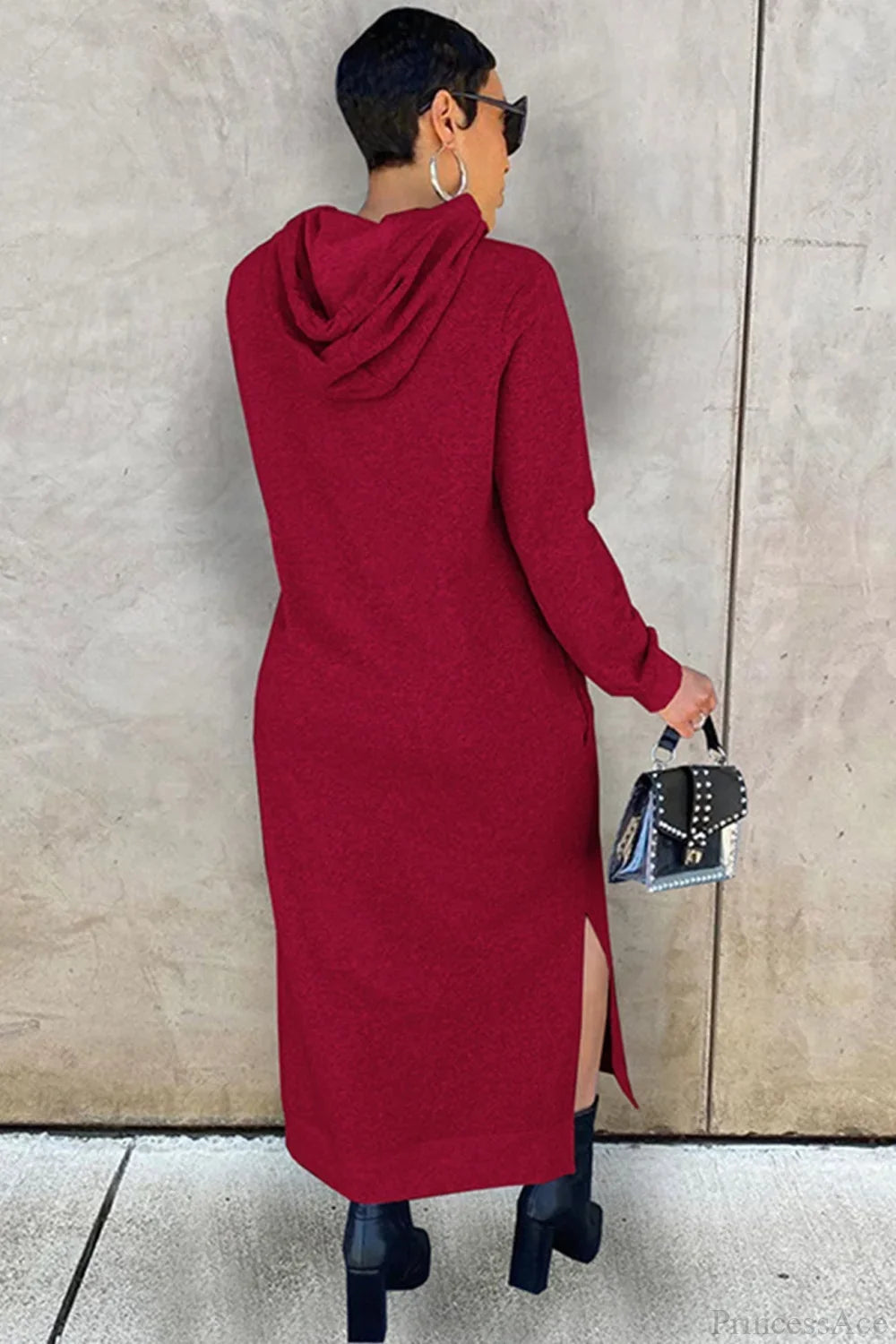 Women's long-sleeve hooded midi dress with side slit hem