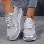 Women's metallic platform trainers with laces and side zips