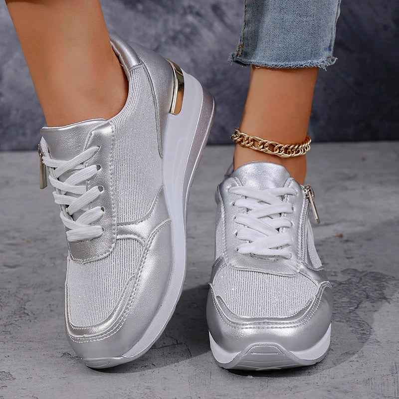Women's metallic platform trainers with laces and side zips