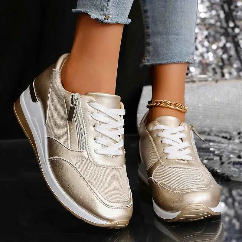 Women's metallic platform trainers with laces and side zips