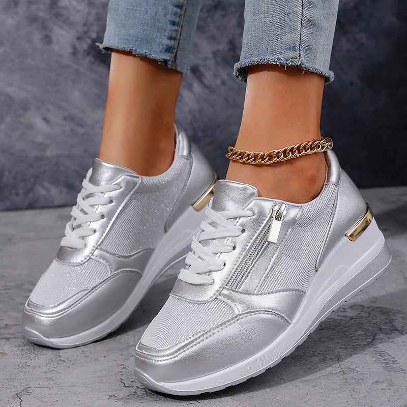 Women's metallic platform trainers with laces and side zips