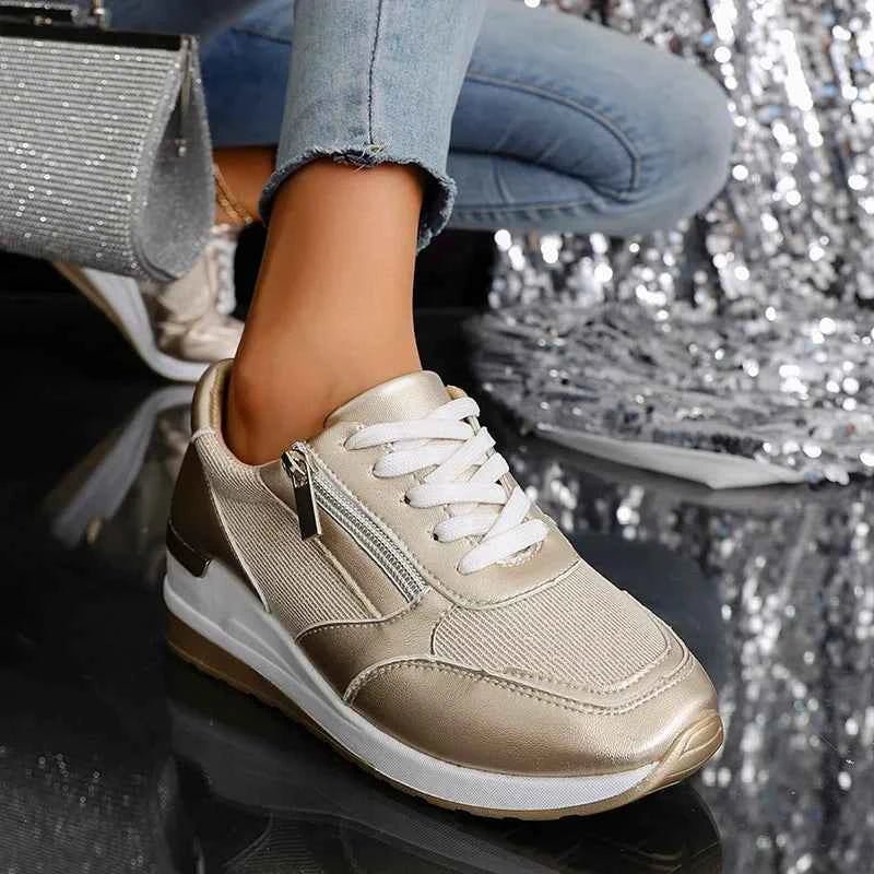 Women's metallic platform trainers with laces and side zips