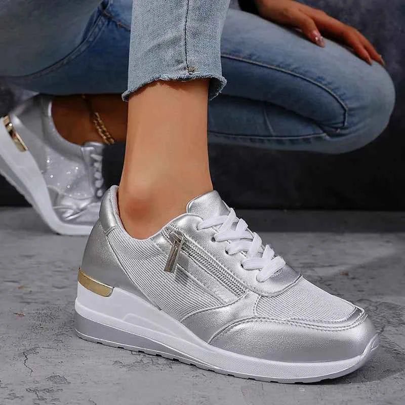 Women's metallic platform trainers with laces and side zips