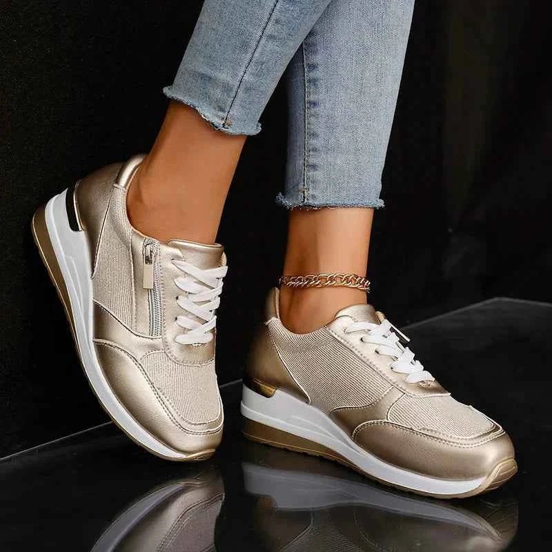 Women's metallic platform trainers with laces and side zips