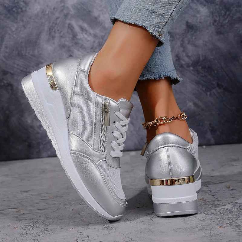 Women's metallic platform trainers with laces and side zips