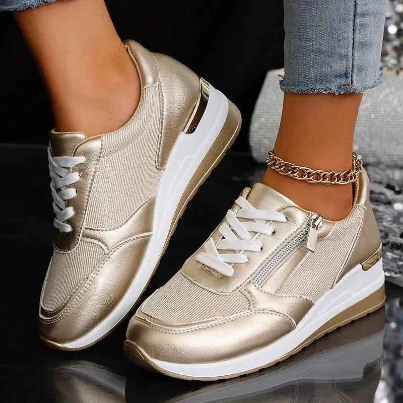 Women's metallic platform trainers with laces and side zips