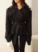 Women's cropped belted trench coat with wide lapels and long sleeves