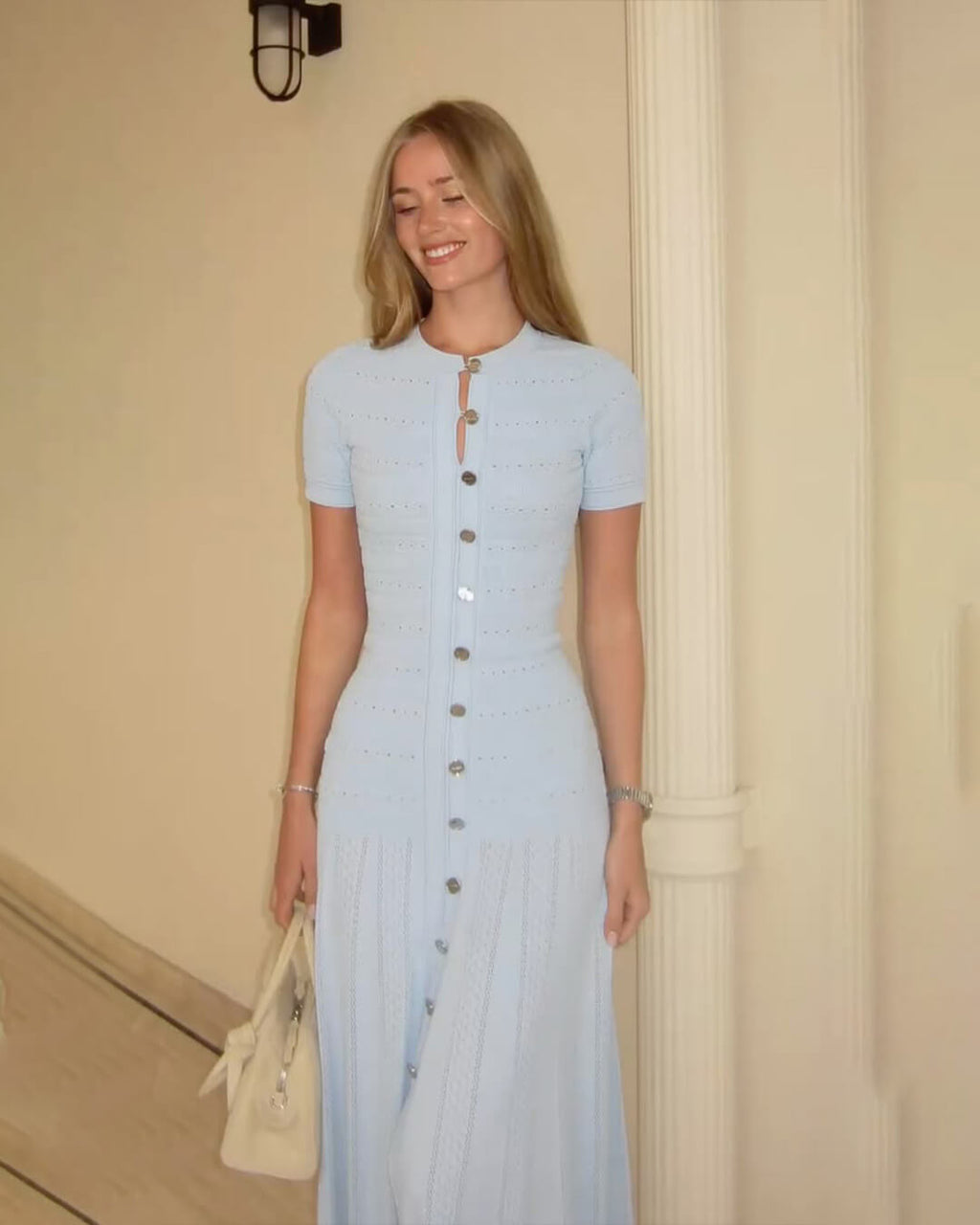 Women's ribbed knit midi dress with buttons and short sleeves