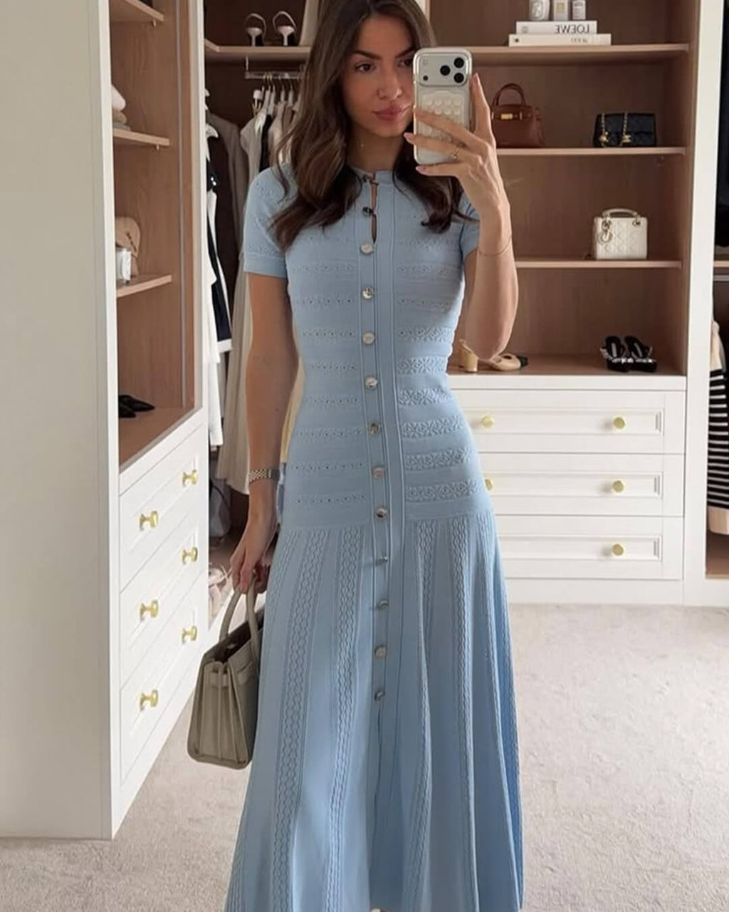 Women's ribbed knit midi dress with buttons and short sleeves