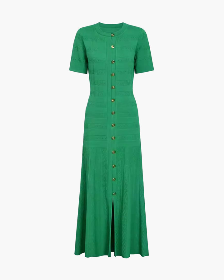 Women's ribbed knit midi dress with buttons and short sleeves
