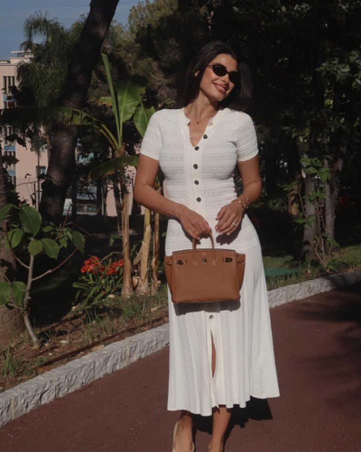 Women's ribbed knit midi dress with buttons and short sleeves