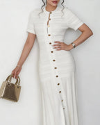 Women's ribbed knit midi dress with buttons and short sleeves