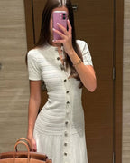Women's ribbed knit midi dress with buttons and short sleeves