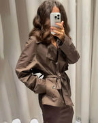 Women's short belted trench coat with wide lapels