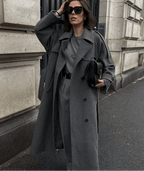 Women's long belted double-breasted coat with notched lapels