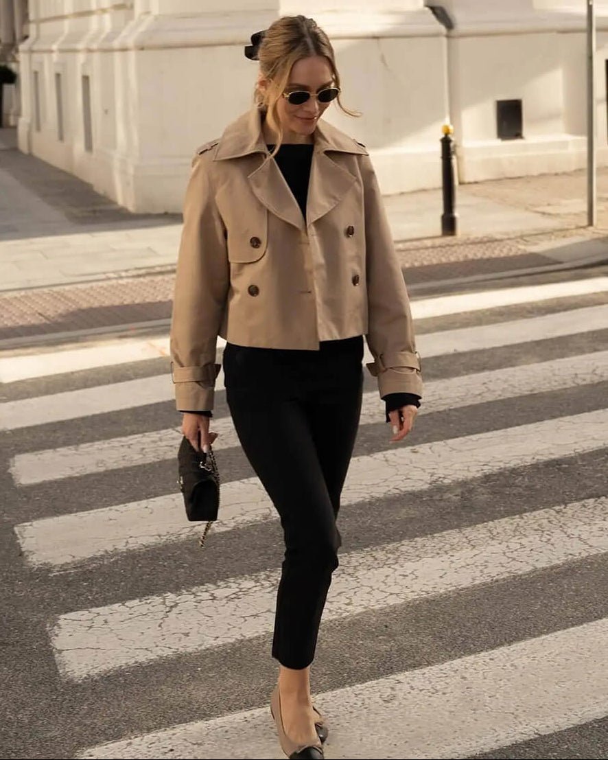 Women's cropped double-breasted trench coat with lapels
