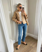 Women's cropped double-breasted trench coat with lapels