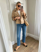 Women's cropped double-breasted trench coat with lapels