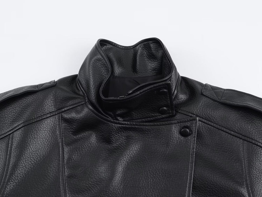 Women's asymmetric jacket with stand collar, long sleeves and button fastening