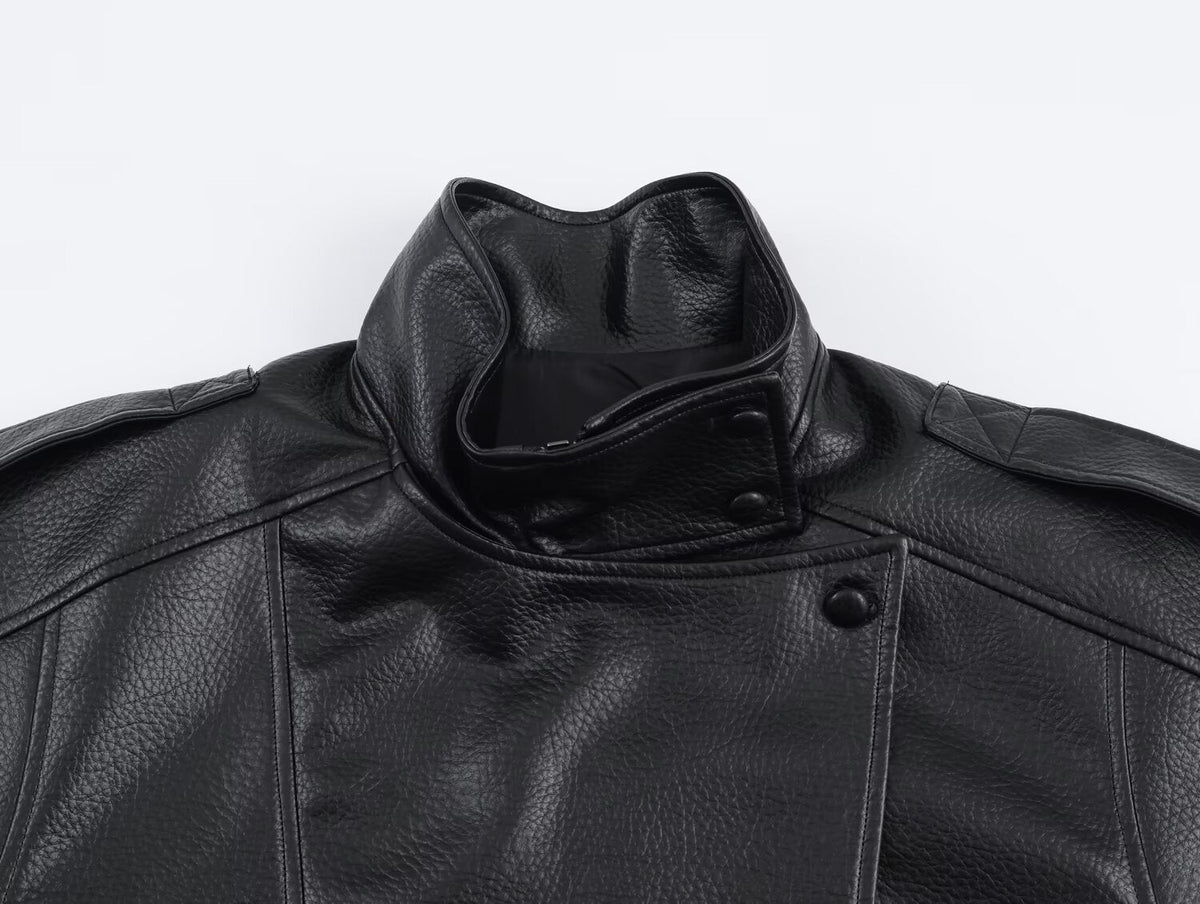 Women's asymmetric jacket with stand collar, long sleeves and button fastening