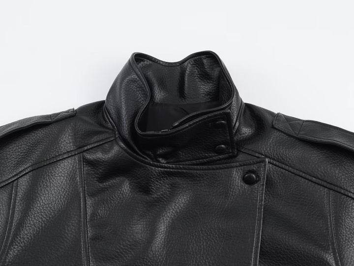 Women's asymmetric jacket with stand collar, long sleeves and button fastening