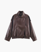 Women's asymmetric jacket with stand collar, long sleeves and button fastening