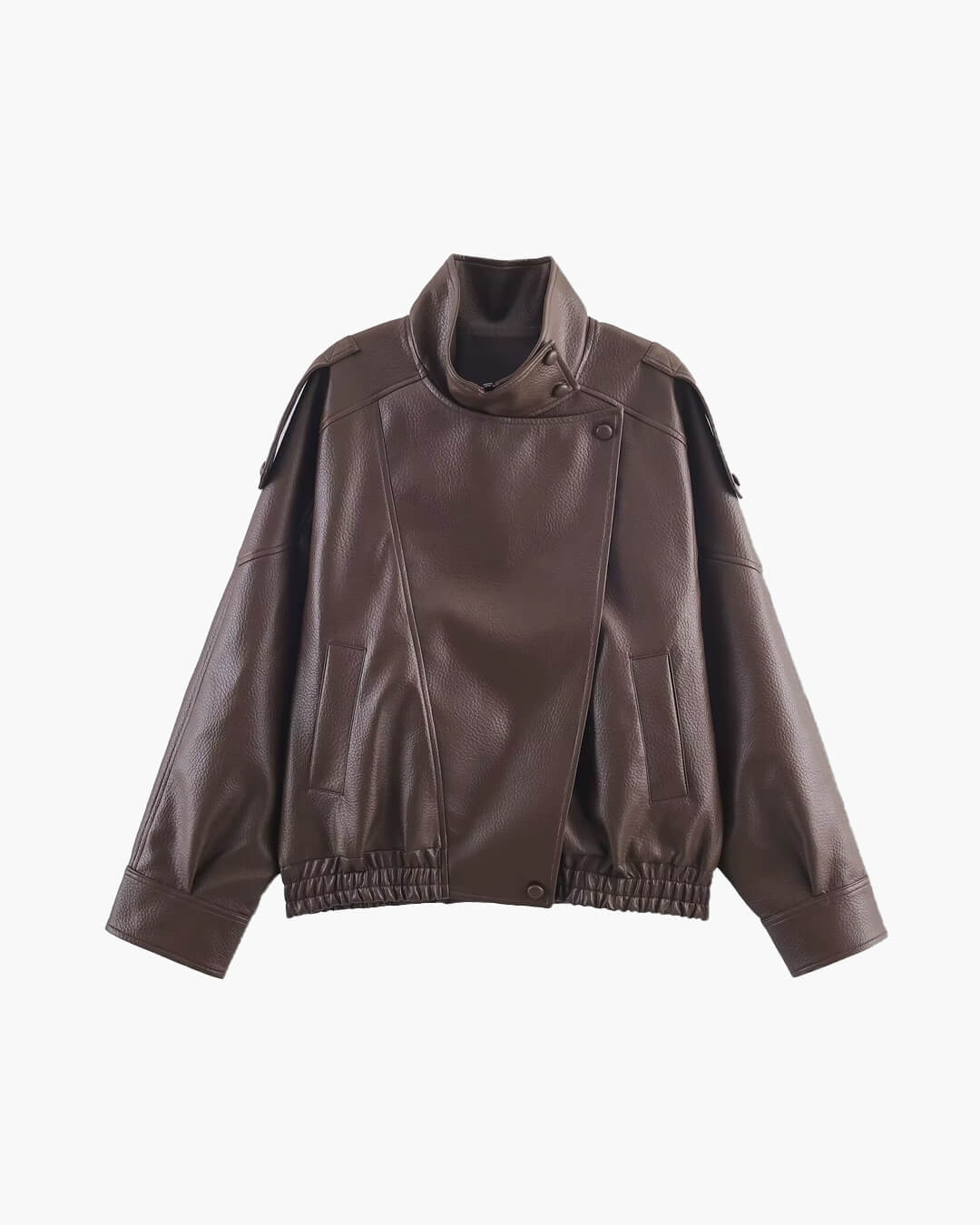 Women's asymmetric jacket with stand collar, long sleeves and button fastening