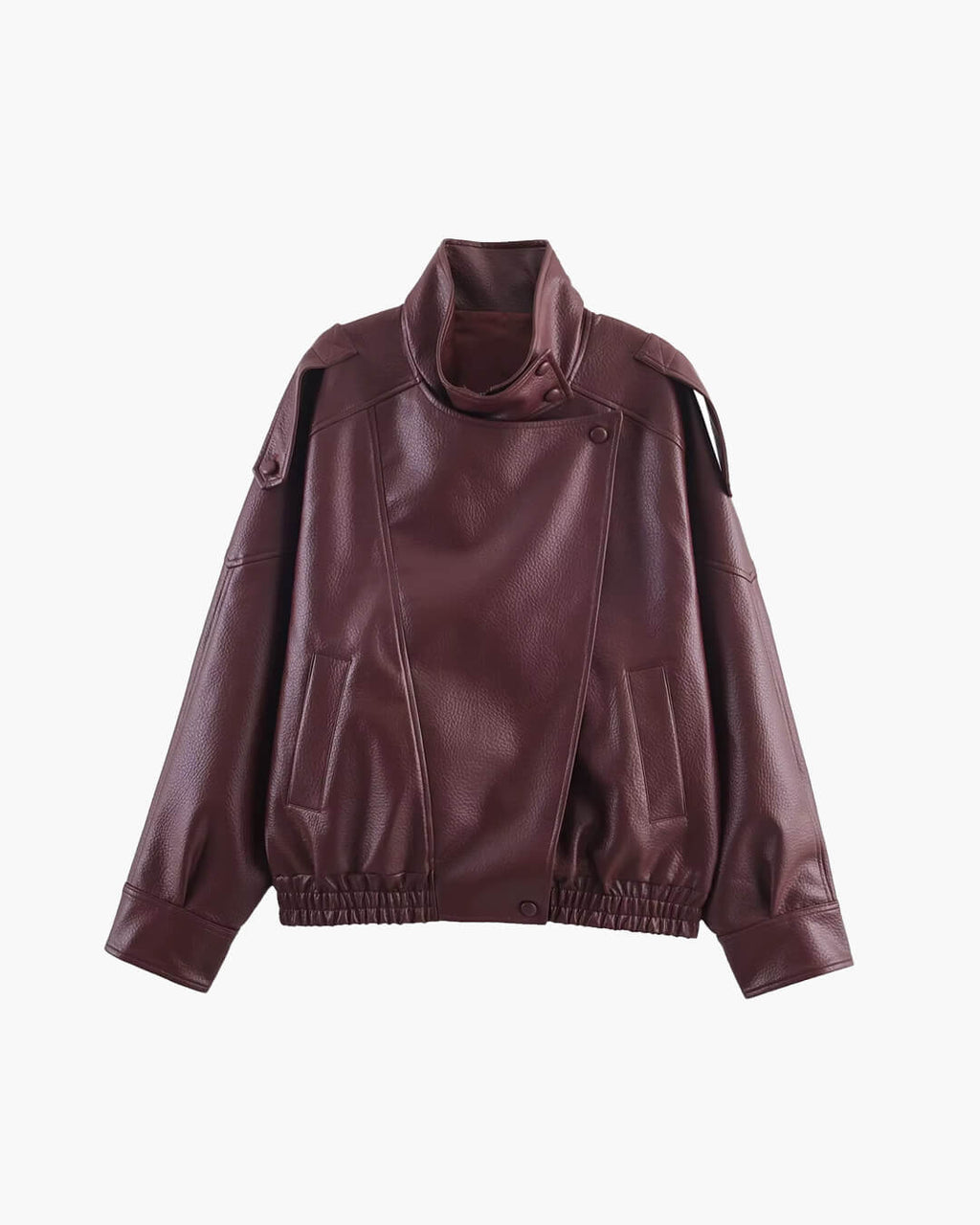 Women's asymmetric jacket with stand collar, long sleeves and button fastening