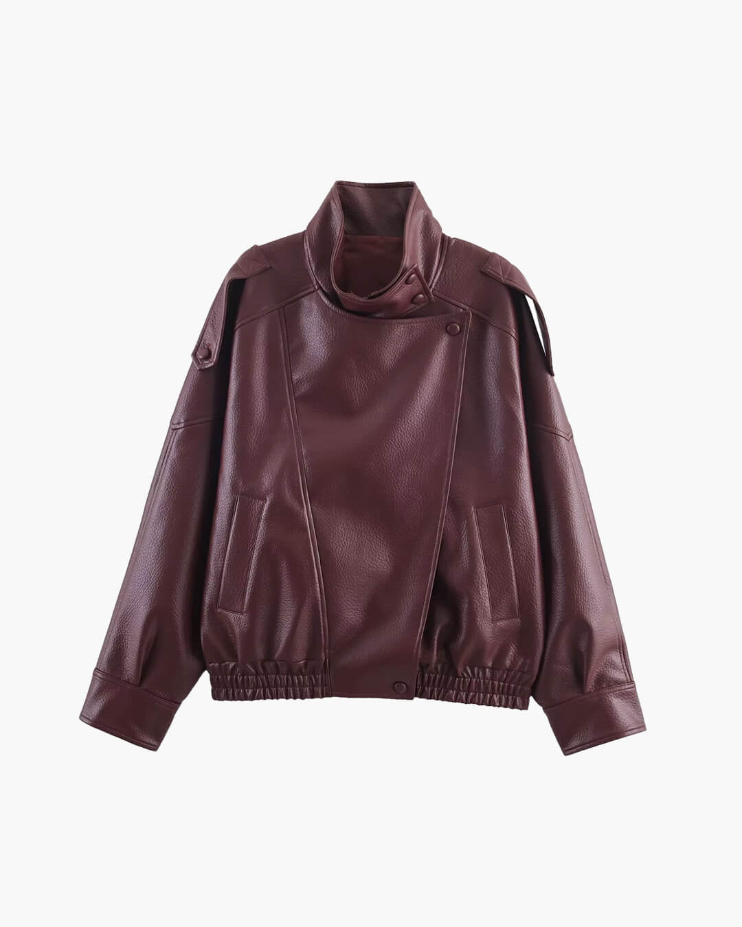 Women's asymmetric jacket with stand collar, long sleeves and button fastening
