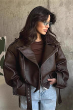 Women's dark brown biker jacket with lapels, diagonal zips and belted waist