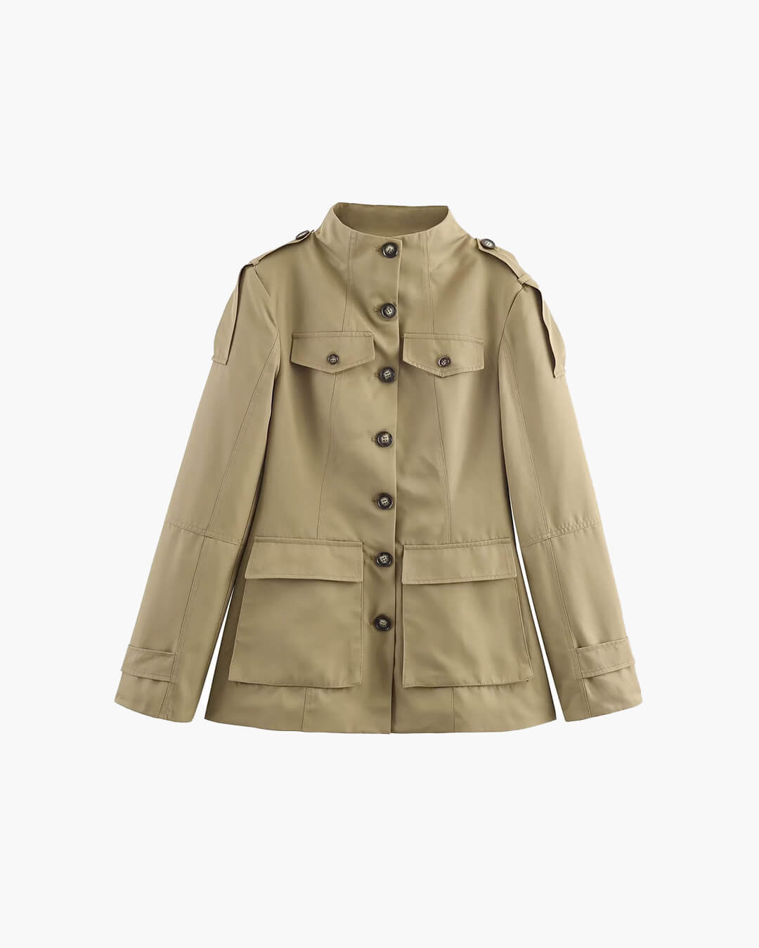 Women's slim-fit trench coat with high collar and flap pockets