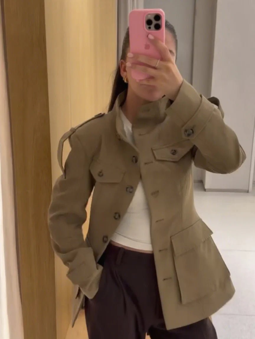 Women's slim-fit trench coat with high collar and flap pockets