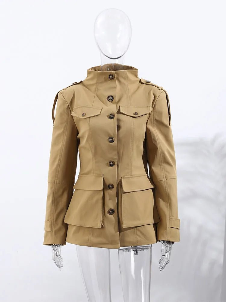 Women's slim-fit trench coat with high collar and flap pockets