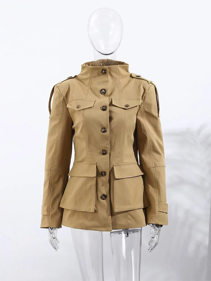 Women's slim-fit trench coat with high collar and flap pockets