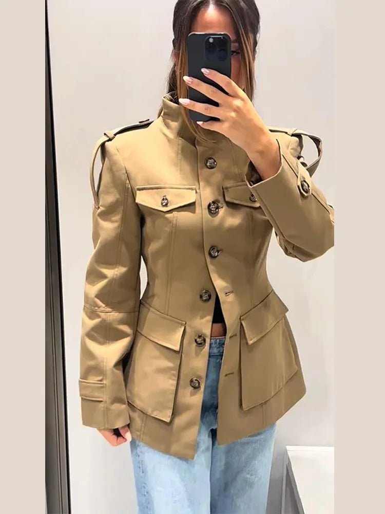 Women's slim-fit trench coat with high collar and flap pockets