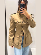 Women's slim-fit trench coat with high collar and flap pockets