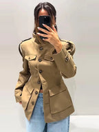 Women's slim-fit trench coat with high collar and flap pockets