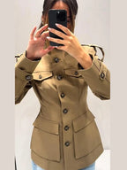 Women's slim-fit trench coat with high collar and flap pockets