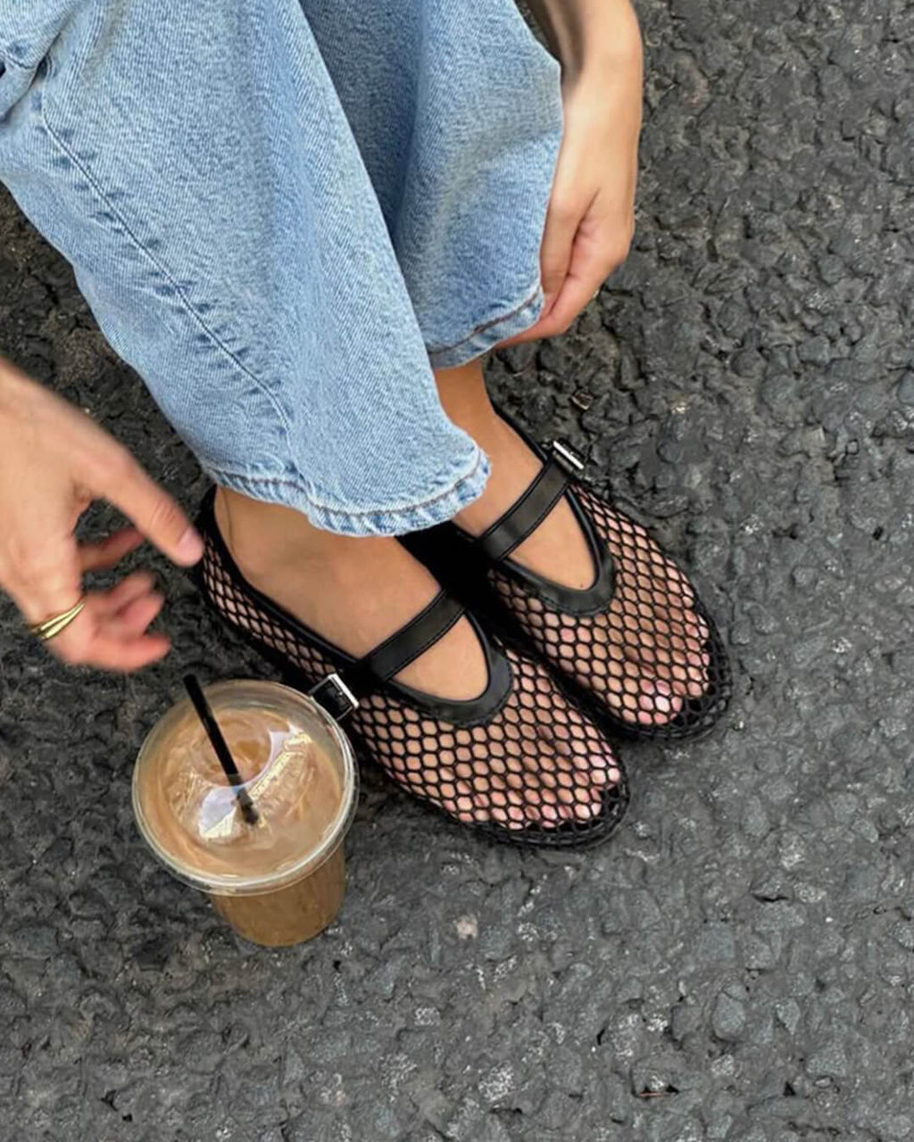 Women's mesh ballet flats with Mary Jane straps