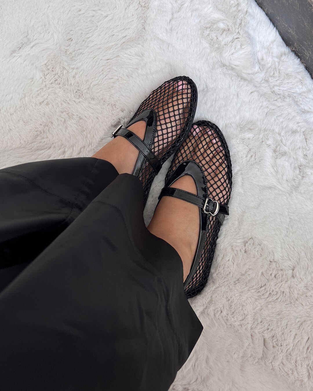 Women's mesh ballet flats with Mary Jane straps